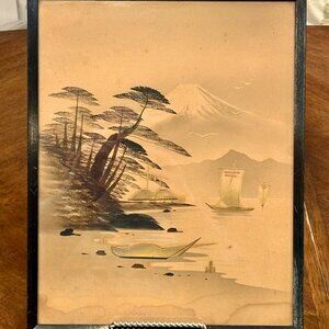 vintage framed Japanese landscape print featuring Mount Fuji